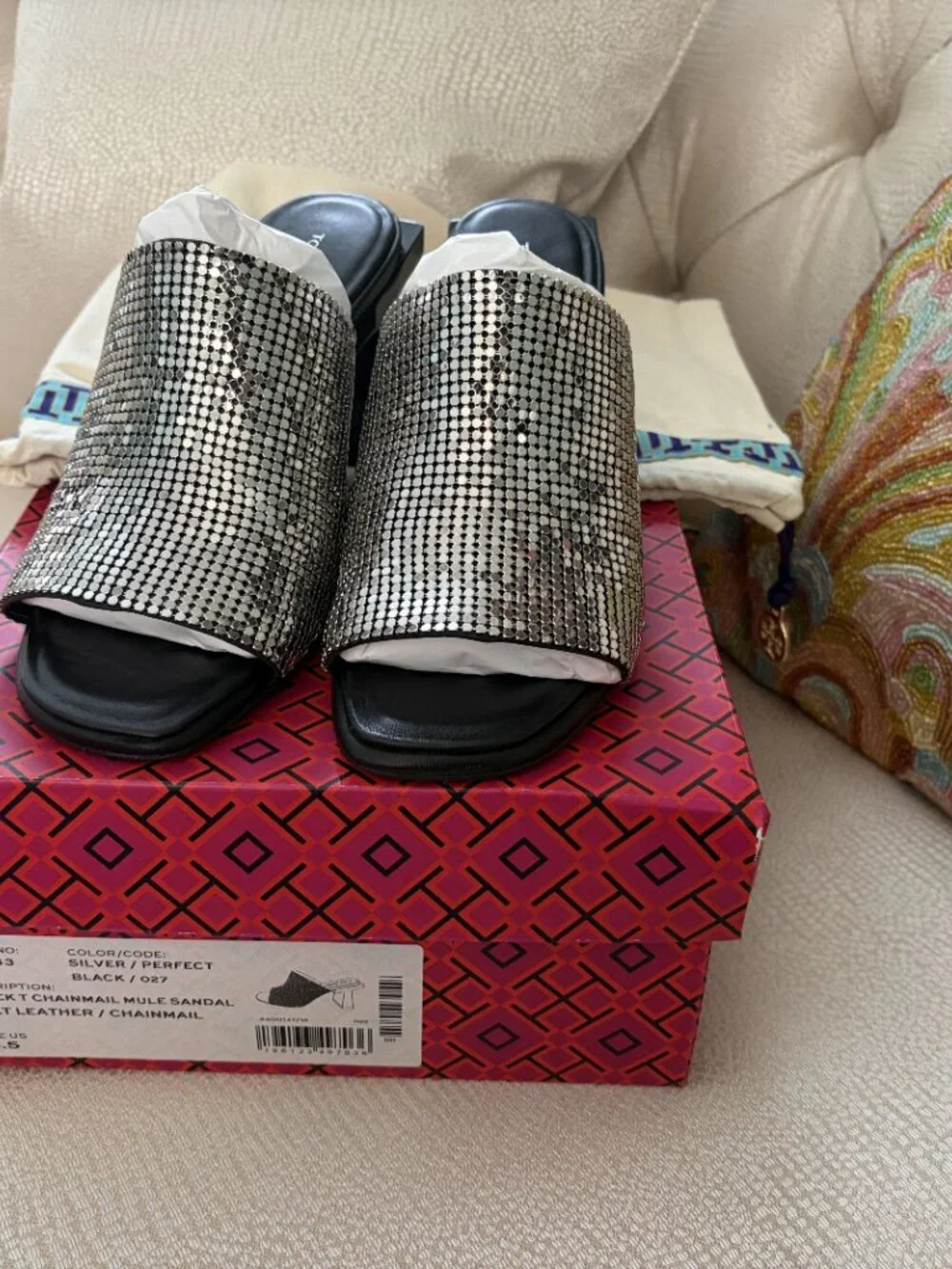 Tory Burch Block T Chainmail Mule Sandal, Silver, 6.5, NIB